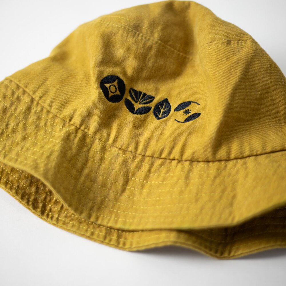 Mustard Yellow Embroidered Cotton Bucket Hat | Nature Icons | Celestial Boho - Picture 2 of 6